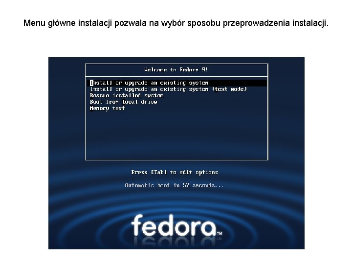 Menu główne instalacji pozwala na wybór sposobu przeprowadzenia instalacji. 