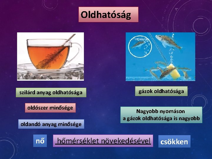 Oldhatóság szilárd anyag oldhatósága oldószer minősége oldandó anyag minősége nő gázok oldhatósága Nagyobb nyomáson