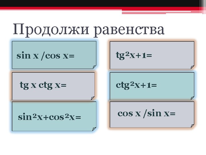 Продолжи равенства sin x /cos x= tg²x+1= tg x ctg x= ctg²x+1= sin²x+cos²x= cos