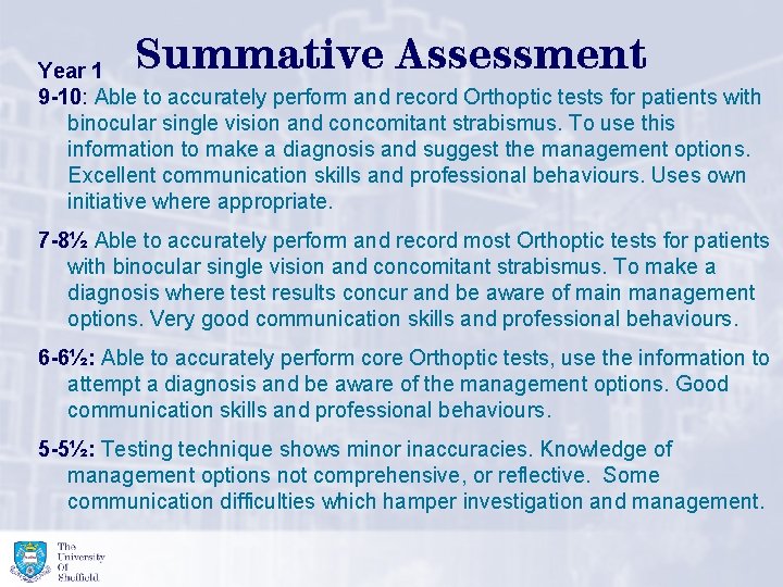 Summative Assessment Year 1 9 -10: Able to accurately perform and record Orthoptic tests