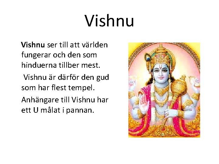 Vishnu ser till att världen fungerar och den som hinduerna tillber mest. Vishnu är