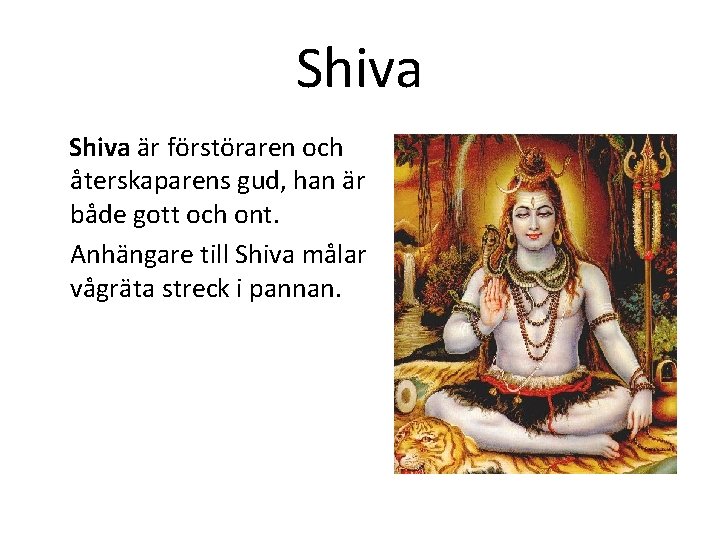 Shiva är förstöraren och återskaparens gud, han är både gott och ont. Anhängare till