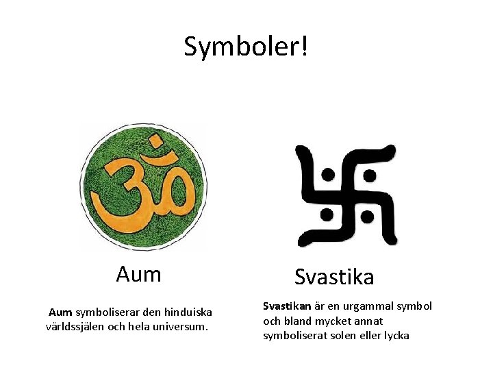 Symboler! Aum symboliserar den hinduiska världssjälen och hela universum. Svastikan är en urgammal symbol