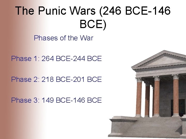 The Punic Wars (246 BCE-146 BCE) Phases of the War Phase 1: 264 BCE-244
