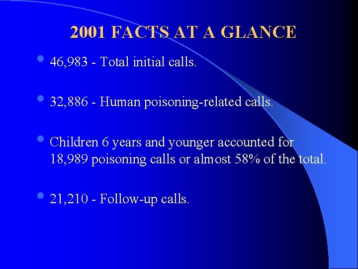 2001 FACTS AT A GLANCE • 46, 983 - Total initial calls. • 32,