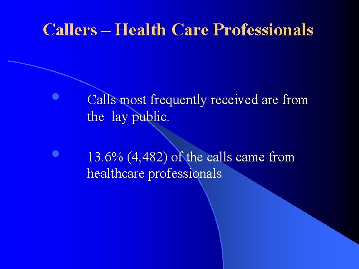 Callers – Health Care Professionals • • Calls most frequently received are from the
