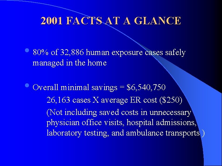 2001 FACTS AT A GLANCE • 80% of 32, 886 human exposure cases safely