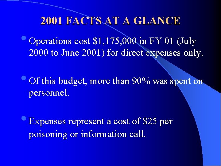 2001 FACTS AT A GLANCE • Operations cost $1, 175, 000 in FY 01