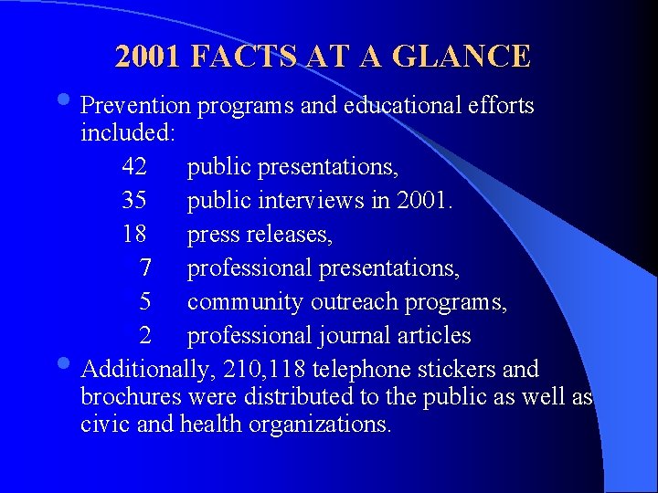 2001 FACTS AT A GLANCE • Prevention programs and educational efforts • included: 42