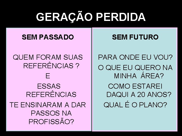 GERAÇÃO PERDIDA SEM PASSADO SEM FUTURO QUEM FORAM SUAS REFERÊNCIAS ? E ESSAS REFERÊNCIAS