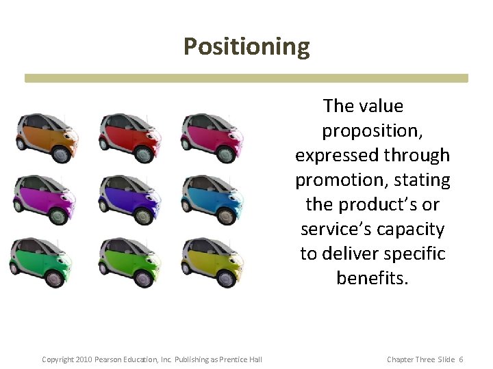 Positioning The value proposition, expressed through promotion, stating the product’s or service’s capacity to