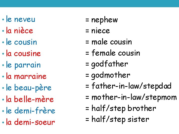  • le neveu • la nièce • le cousin • la cousine •