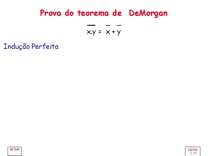 Prova do teorema de De. Morgan x. y = x + y Indução Perfeita