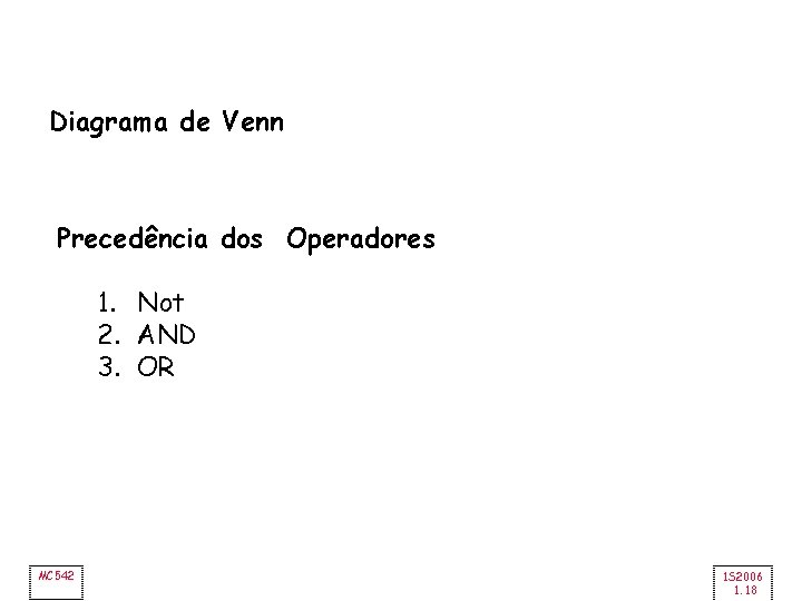 Diagrama de Venn Precedência dos Operadores 1. Not 2. AND 3. OR MC 542