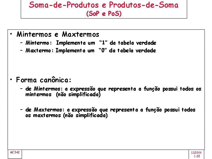 Soma-de-Produtos e Produtos-de-Soma (So. P e Po. S) • Mintermos e Maxtermos – Mintermo: