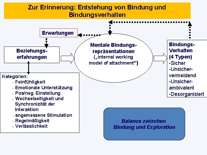 Zur Erinnerung: Entstehung von Bindung und Bindungsverhalten Erwartungen Beziehungserfahrungen Kategorien: - Feinfühligkeit - Emotionale