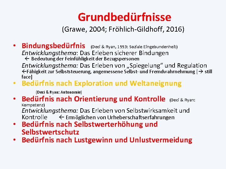 Grundbedürfnisse (Grawe, 2004; Fröhlich-Gildhoff, 2016) • Bindungsbedürfnis (Deci & Ryan, 1993: Soziale Eingebundenheit) Entwicklungsthema: