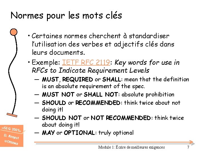 Normes pour les mots clés • Certaines normes cherchent à standardiser l’utilisation des verbes