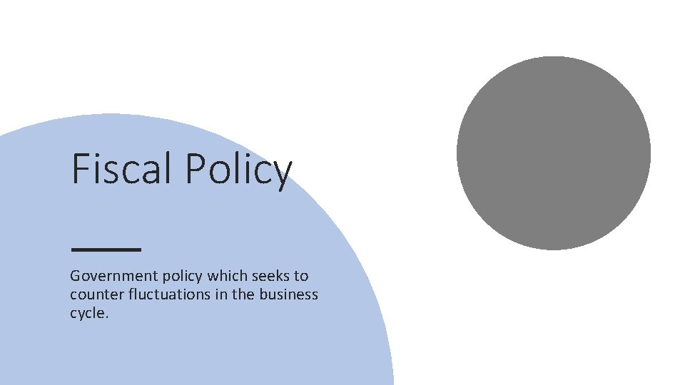 Fiscal Policy Government policy which seeks to counter fluctuations in the business cycle. 