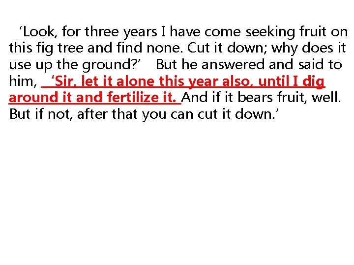 ‘Look, for three years I have come seeking fruit on this fig tree and ‘Look, for three years I have come seeking fruit on this fig tree and