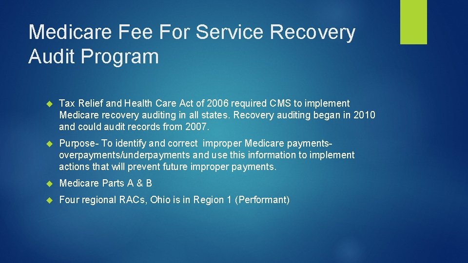 Medicare Fee For Service Recovery Audit Program Tax Relief and Health Care Act of