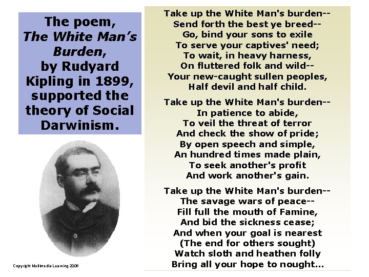 The poem, The White Man’s Burden, by Rudyard Kipling in 1899, supported theory of