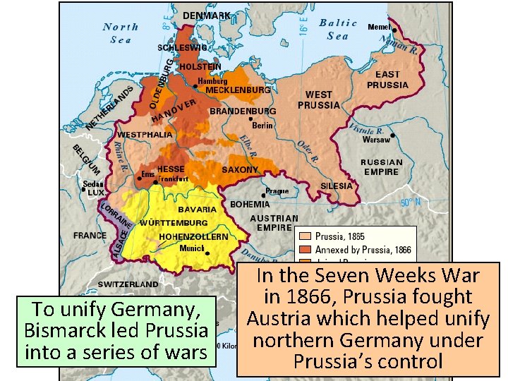 To unify Germany, Bismarck led Prussia into a series of wars In the Seven