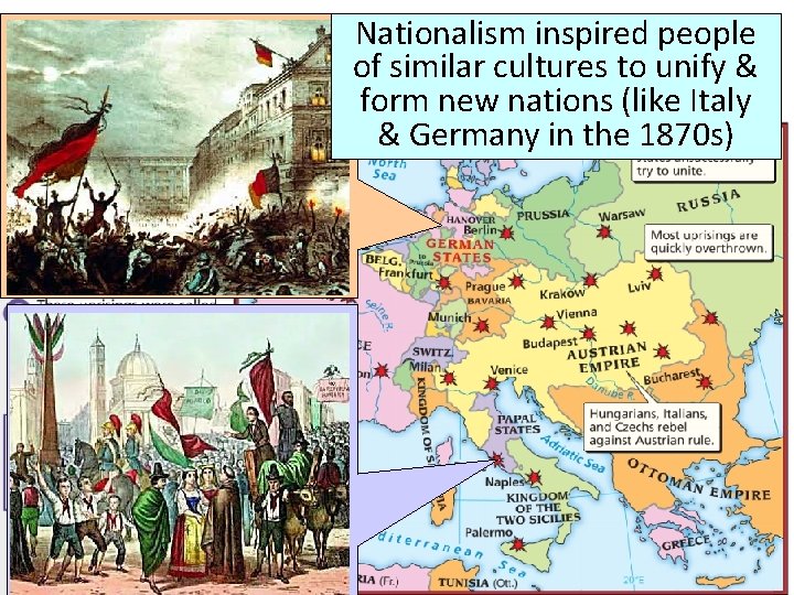 Nationalism inspired people of similar cultures to unify & form new nations (like Italy