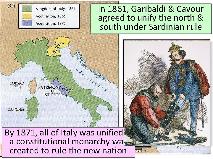 In 1861, Garibaldi & Cavour agreed to unify the north & south under Sardinian