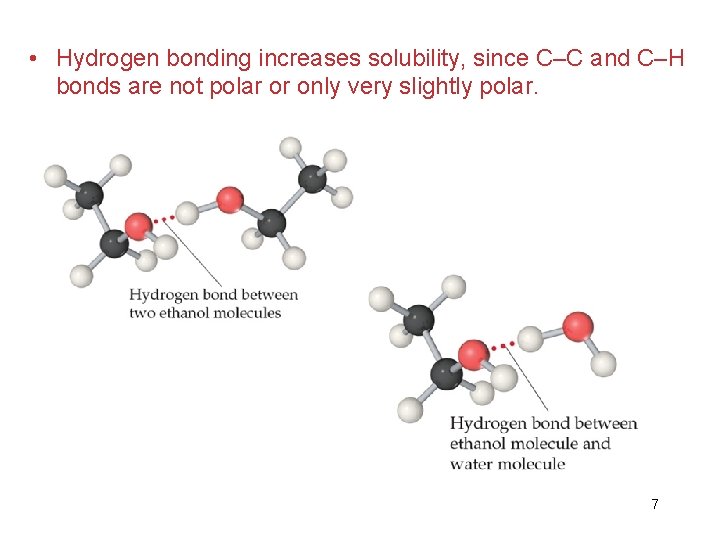  • Hydrogen bonding increases solubility, since C–C and C–H bonds are not polar