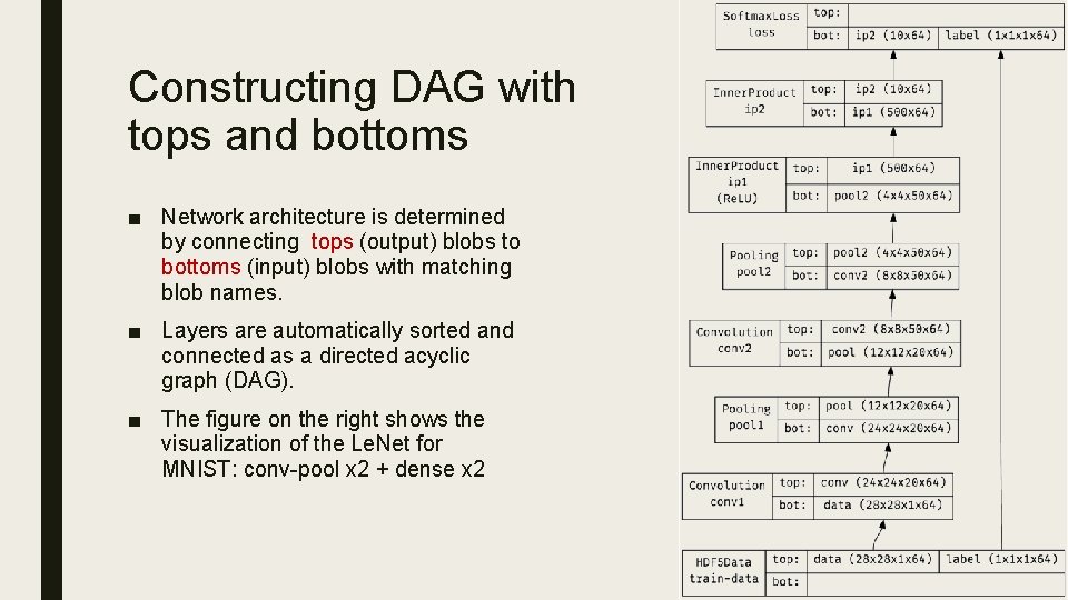 Constructing DAG with tops and bottoms ■ Network architecture is determined by connecting tops