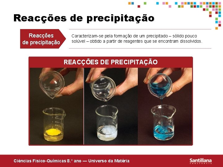 Reacções de precipitação Caracterizam-se pela formação de um precipitado – sólido pouco solúvel –