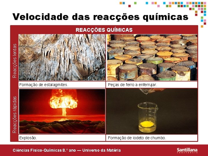 Velocidade das reacções químicas Reacções lentas REACÇÕES QUÍMICAS Peças de ferro a enferrujar. Explosão.