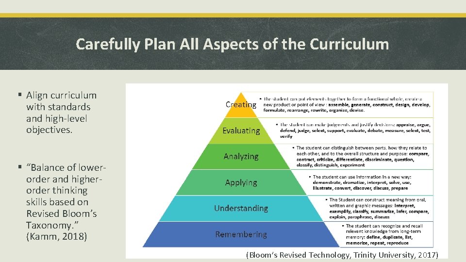 Carefully Plan All Aspects of the Curriculum § Align curriculum with standards and high-level