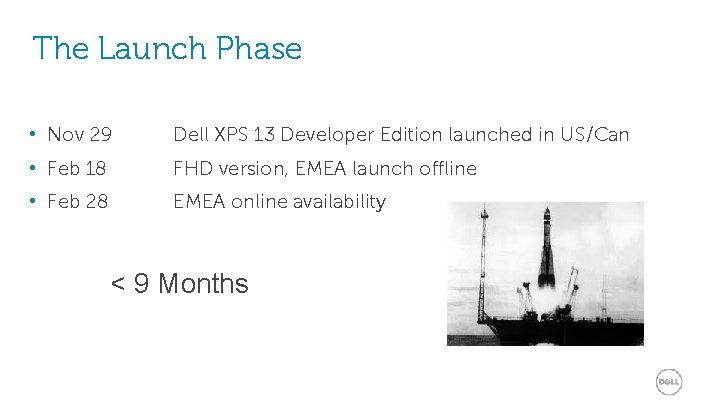The Launch Phase • Nov 29 Dell XPS 13 Developer Edition launched in US/Can