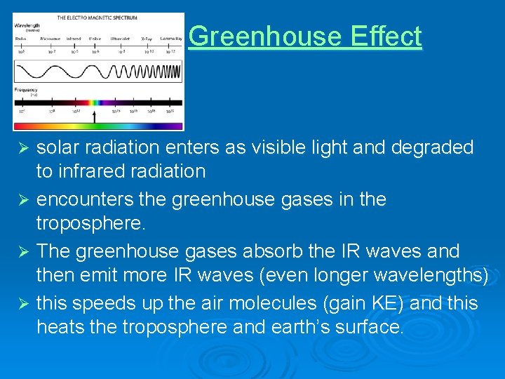 Greenhouse Effect solar radiation enters as visible light and degraded to infrared radiation Ø Greenhouse Effect solar radiation enters as visible light and degraded to infrared radiation Ø