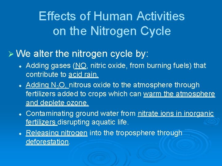 Effects of Human Activities on the Nitrogen Cycle Ø We alter the nitrogen cycle Effects of Human Activities on the Nitrogen Cycle Ø We alter the nitrogen cycle