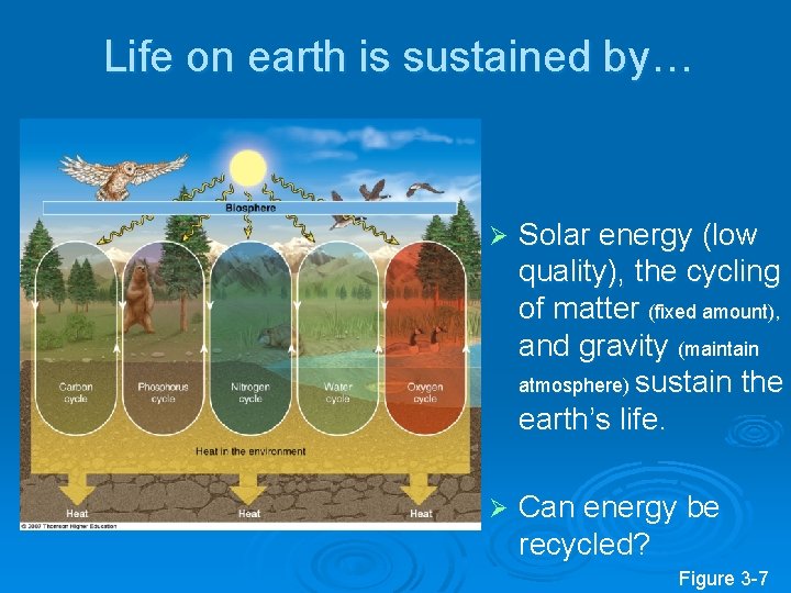 Life on earth is sustained by… Ø Solar energy (low quality), the cycling of Life on earth is sustained by… Ø Solar energy (low quality), the cycling of