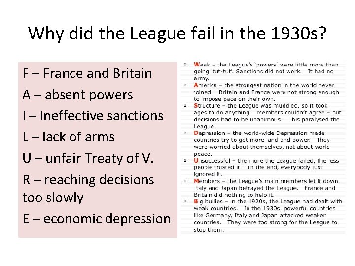 Why did the League fail in the 1930 s? F – France and Britain