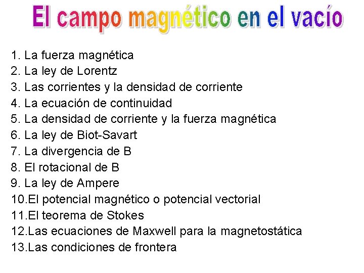 1. La fuerza magnética 2. La ley de Lorentz 3. Las corrientes y la