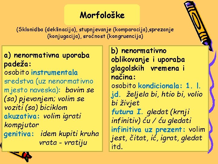 Morfološke (Sklonidba (deklinacija), stupnjevanje (komparacija), sprezanje (konjugacija), sročnost (kongruencija) a) nenormativna uporaba padeža: osobito