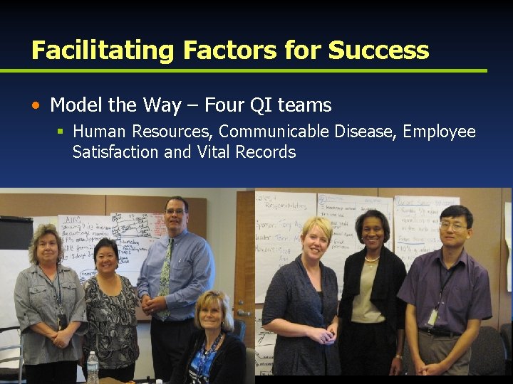Facilitating Factors for Success • Model the Way – Four QI teams § Human