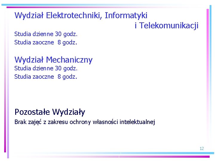 Wydział Elektrotechniki, Informatyki i Telekomunikacji Studia dzienne 30 godz. Studia zaoczne 8 godz. Wydział