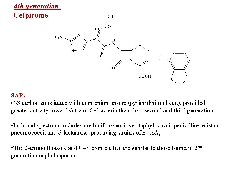 4 th generation Cefpirome SAR: C-3 carbon substituted with ammonium group (pyrimidinium head), provided