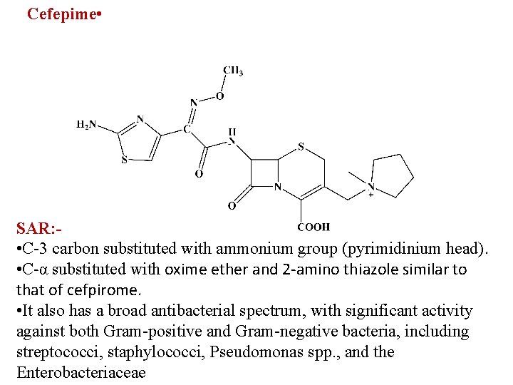 Cefepime • SAR: • C-3 carbon substituted with ammonium group (pyrimidinium head). • C-α