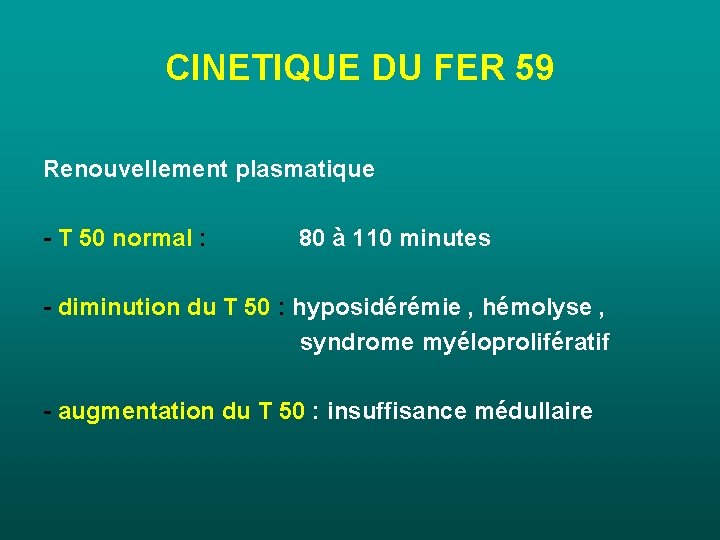 CINETIQUE DU FER 59 Renouvellement plasmatique - T 50 normal : 80 à 110 CINETIQUE DU FER 59 Renouvellement plasmatique - T 50 normal : 80 à 110