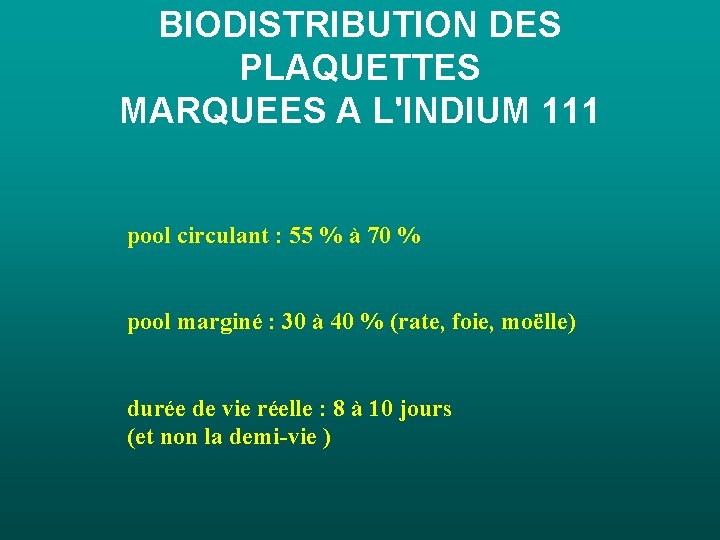 BIODISTRIBUTION DES PLAQUETTES MARQUEES A L'INDIUM 111 pool circulant : 55 % à 70 BIODISTRIBUTION DES PLAQUETTES MARQUEES A L'INDIUM 111 pool circulant : 55 % à 70