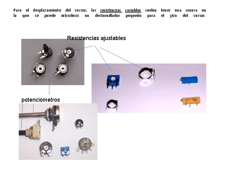 Para el desplazamiento del cursor, las resistencias variables suelen tener una ranura en la