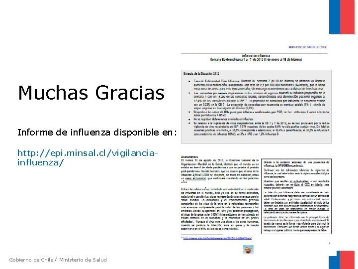 Muchas Gracias Informe de influenza disponible en: http: //epi. minsal. cl/vigilanciainfluenza/ Gobierno de Chile