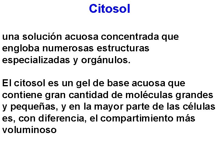 Citosol una solución acuosa concentrada que engloba numerosas estructuras especializadas y orgánulos. El citosol